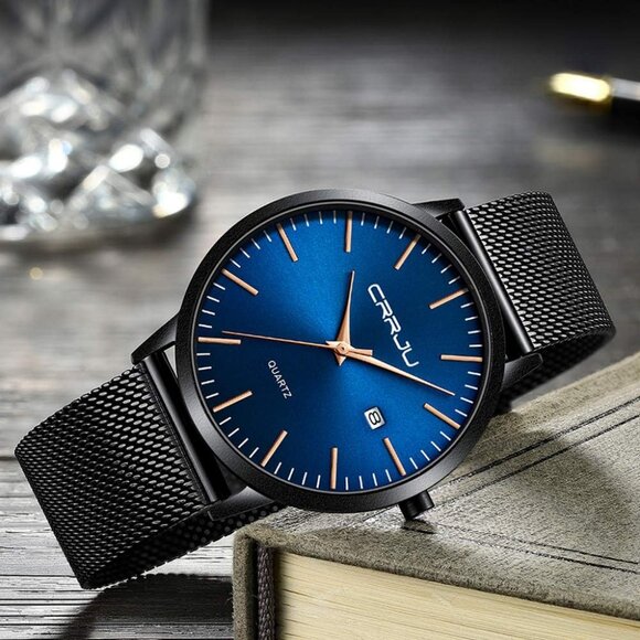 Men's Black Blue Gold  Minimal Casual Waterproof Stainless Steel Mesh Band Watch - Picture 3 of 5